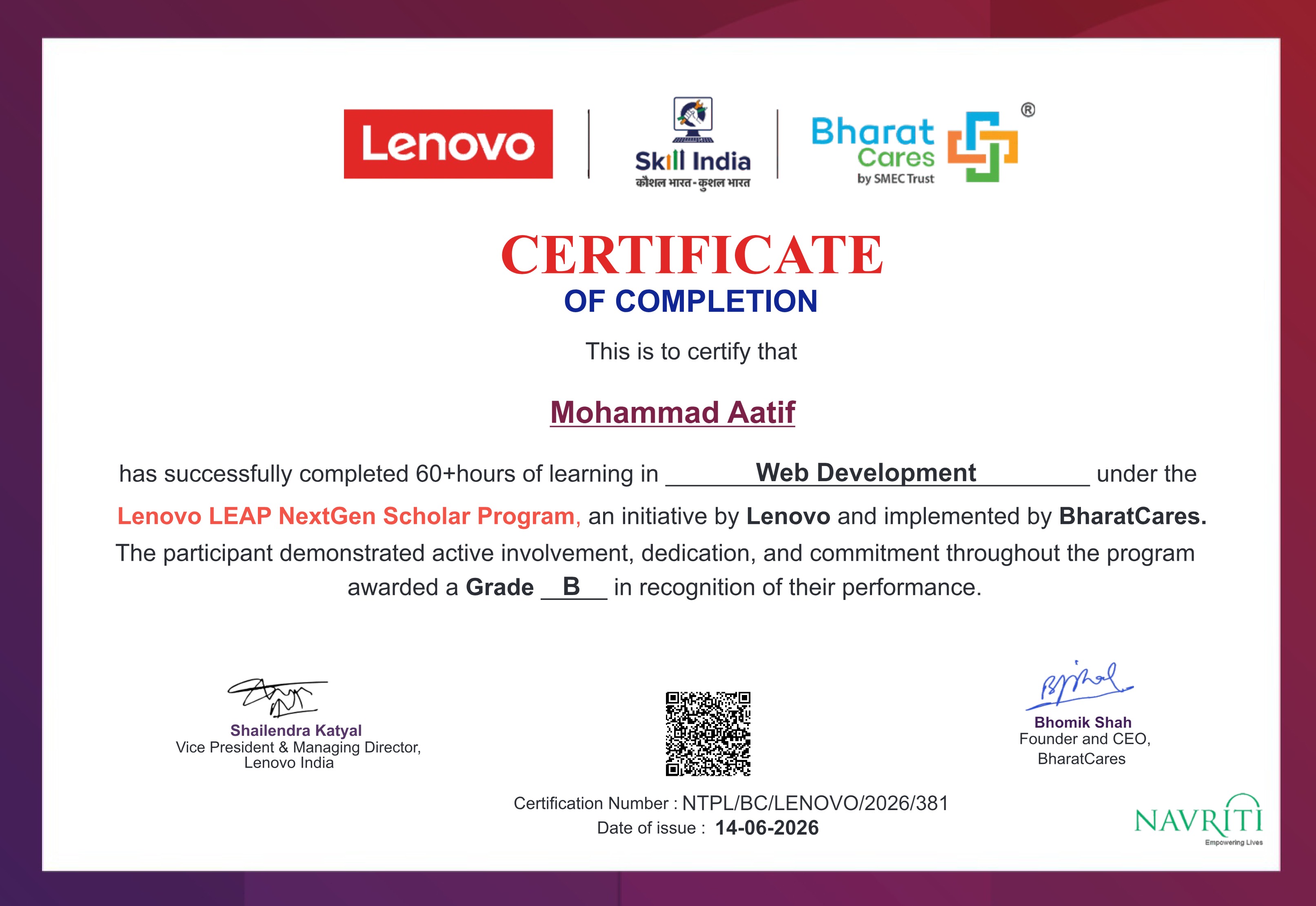 Lenovo LEAP NextGen Scholar Program - Web Development